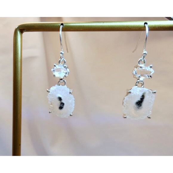 Solar Eye Quartz Water Clear Herkimer Diamond Sterling Silver Dangle Earrings - Picture 2 of 8